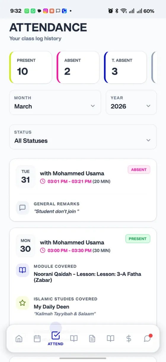 My Quran Class attendance and class-log history screen