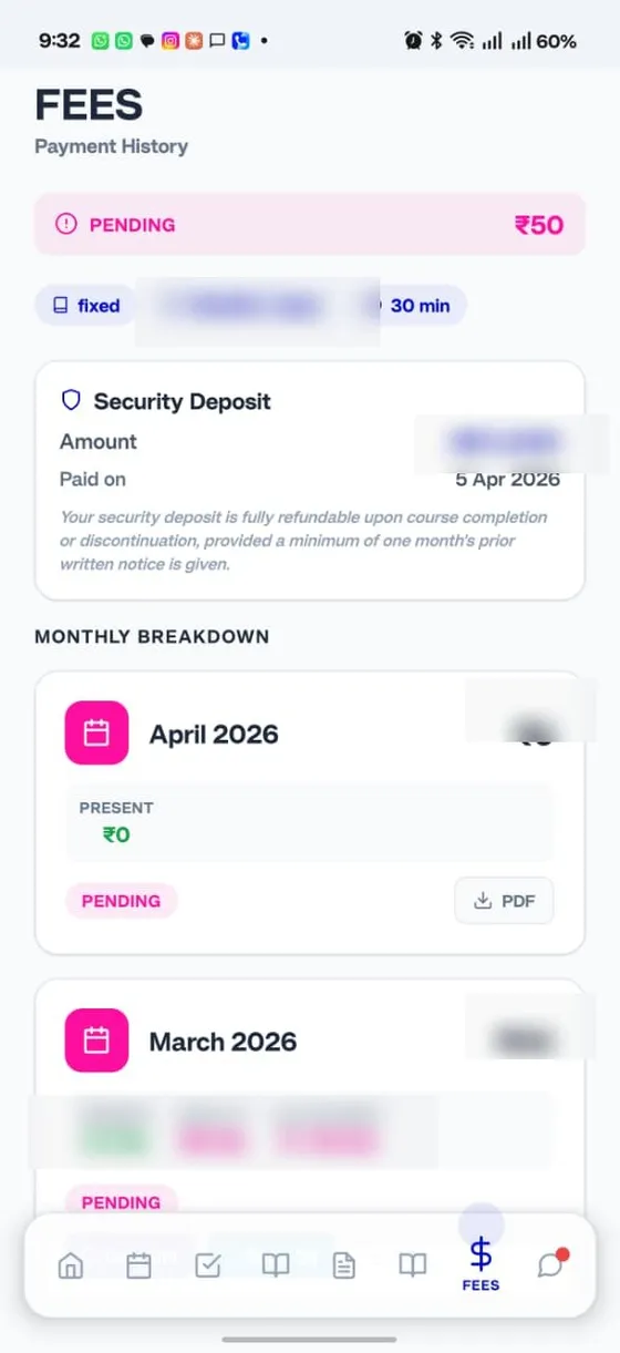 My Quran Class fees and payment history screen