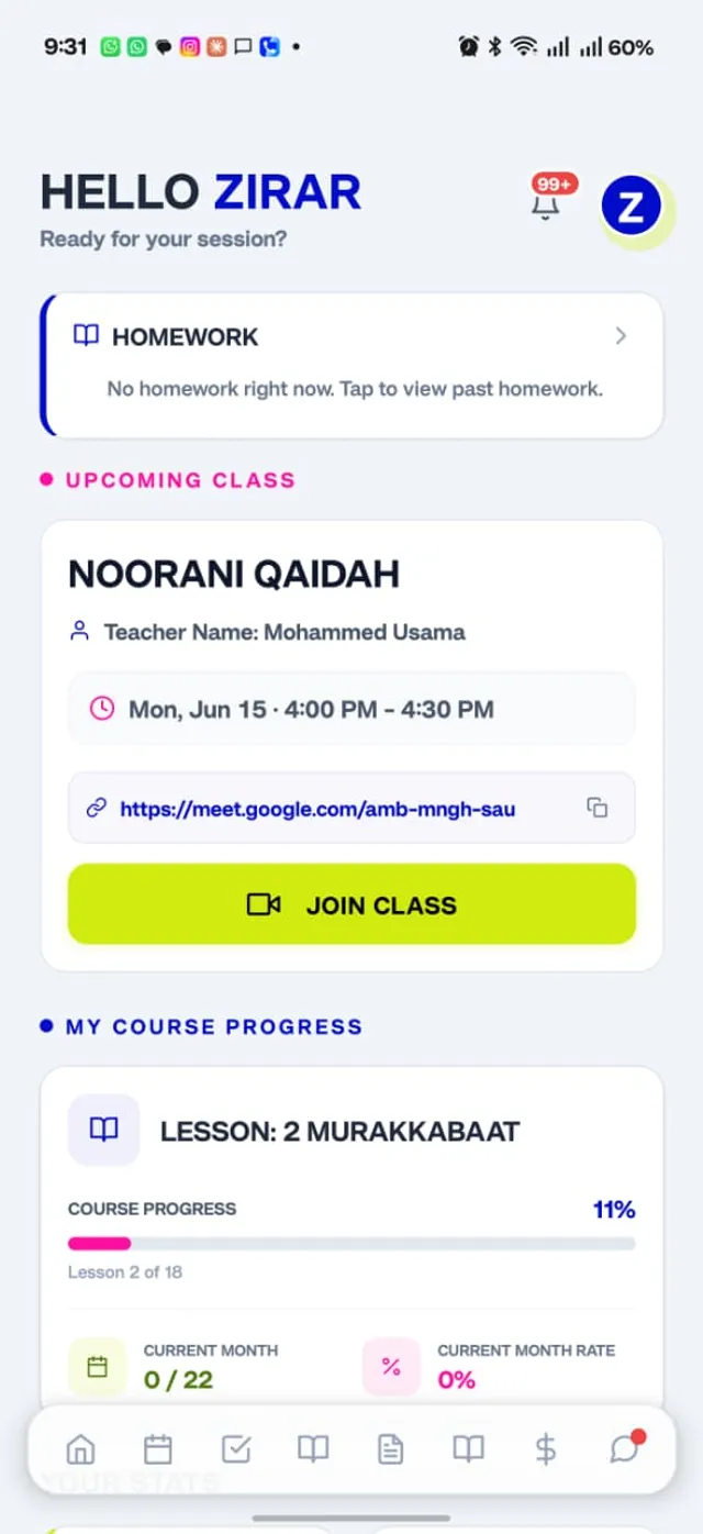 My Quran Class app home screen with the next class and a Join Class button