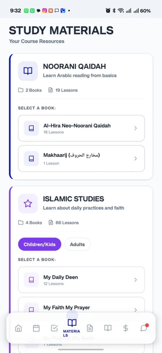 My Quran Class study materials library with Noorani Qaida and Islamic Studies books