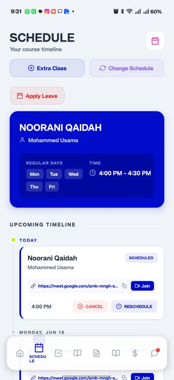 My Quran Class schedule screen with Join, reschedule and apply-leave options